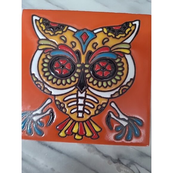 Earthtones Day of the Dead Owl Tile Trivet Hand Glazed Ceramic Art Decor 4.25" - Picture 3 of 6